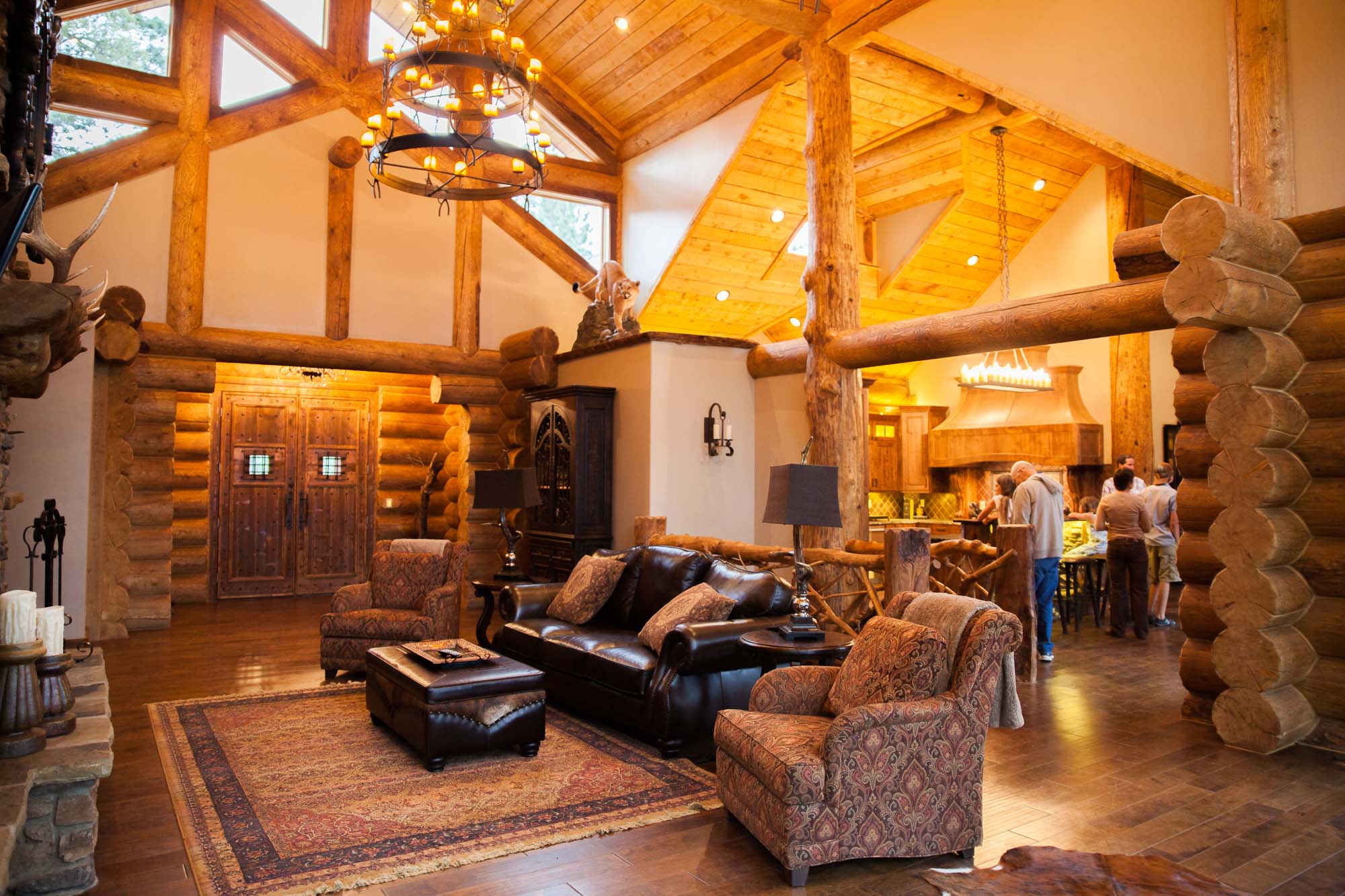 custom designed living room log cabin in angel fire, New Mexico
